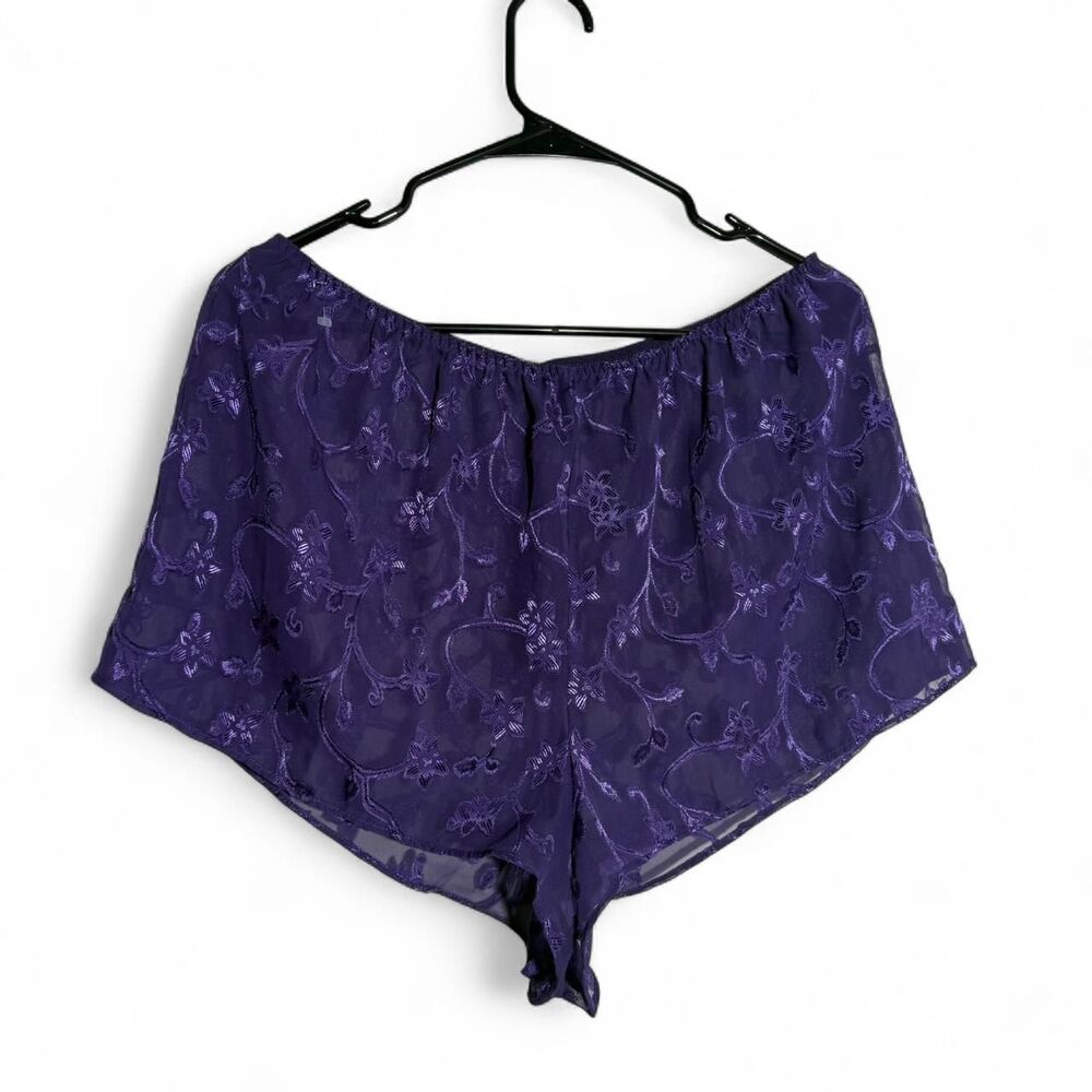 VINTAGE Bisou Bisou sheer purple embroidered lace tank top and shorts PJ set - Picture 4 of 8